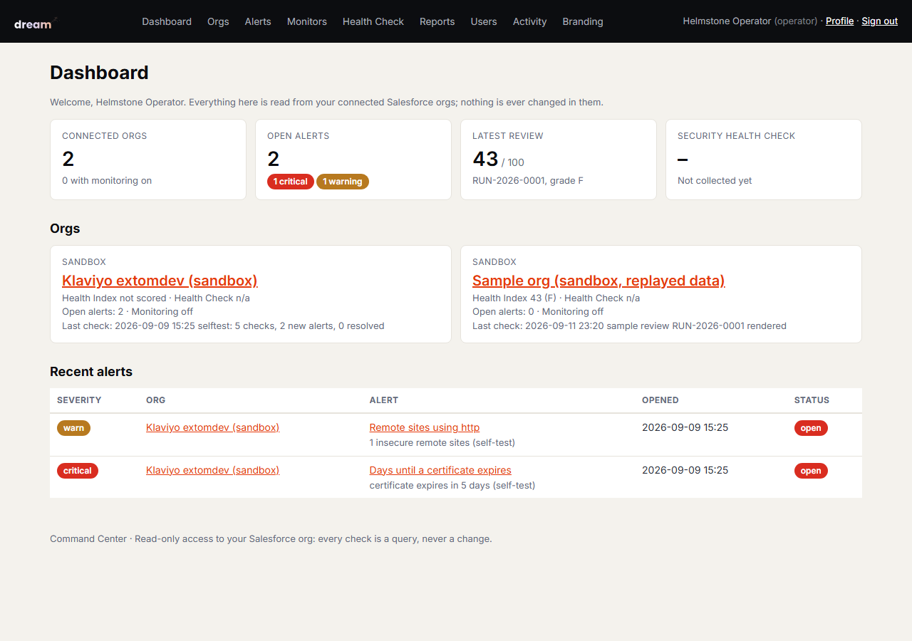 Command Center dashboard showing orgs, open alerts and the latest Org Health Index